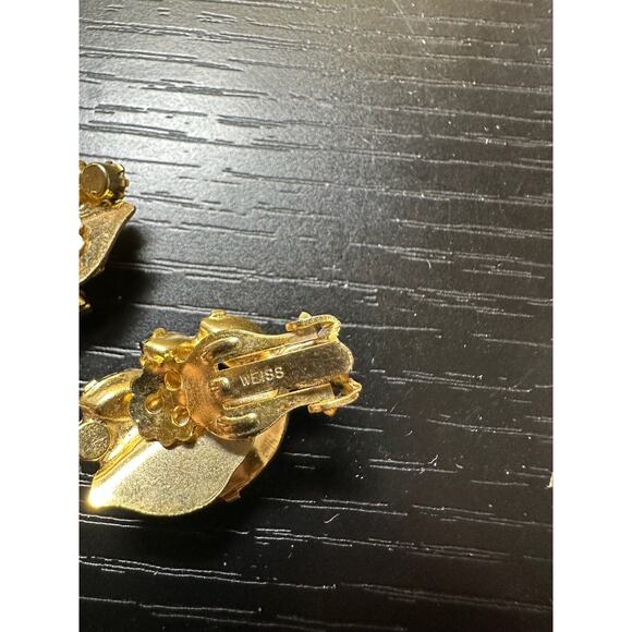 Vintage Weiss Signed Amber Rhinestone Gold Tone Floral Leaf Clip On Earrings - Picture 6 of 10